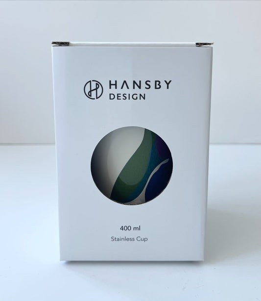 Hansby Design packaging box with a stainless cup with tui image on a white background