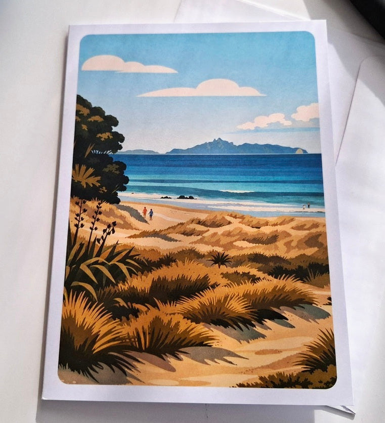 Artistic depiction of a beach scene with sand dunes and ocean on a white surface as a card.