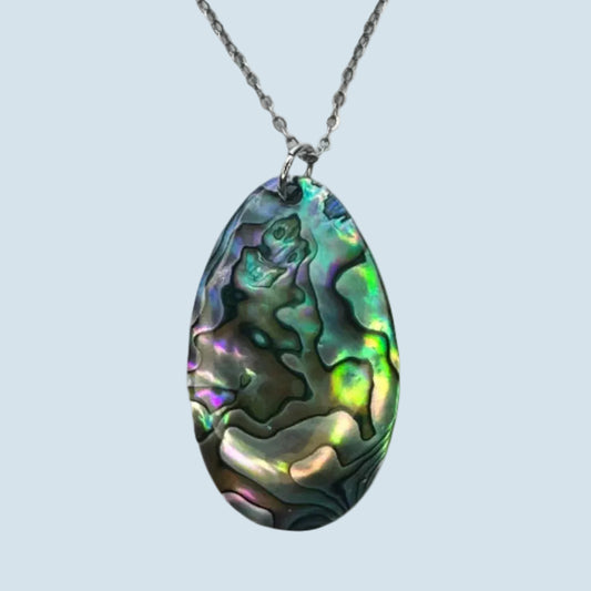 Multicolored shell paua pendant on a chain against a white background