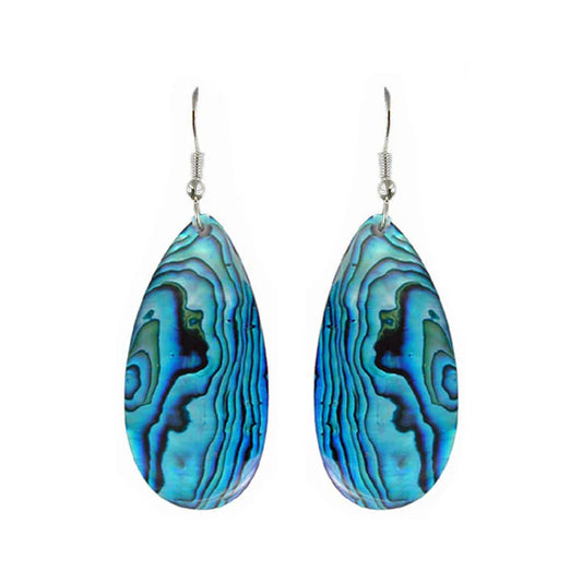 Pair of blue and green patterned paua earrings on a white background