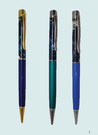 Three pens with different colored bodies and gold accents on a light blue background