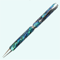 Pen with abalone shell pattern on a light blue background and stainless steel trim.
