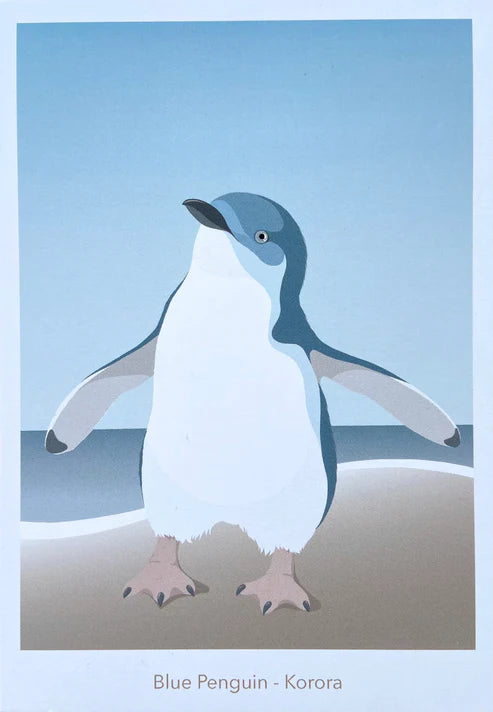 Postcard showing illustration of BluePenguin on beach with gradient blue sky.